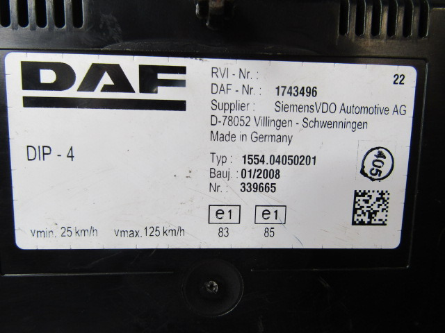 DAF XF 105 CLOCK CLUSTER P/NO 1743496 - Sistema eléctrico para Camión: foto 2 DAF XF 105 CLOCK CLUSTER P/NO 1743496 - Sistema eléctrico para Camión: foto 2