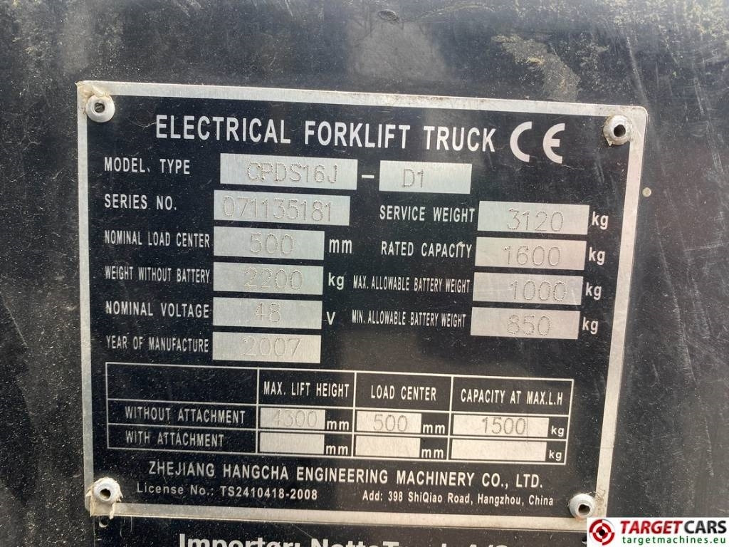 Carretilla elevadora eléctrica Hangcha CPDS16J Electric 3Wh Forklift Triplex-430cm 1600KG: foto 10 Carretilla elevadora eléctrica Hangcha CPDS16J Electric 3Wh Forklift Triplex-430cm 1600KG: foto 10