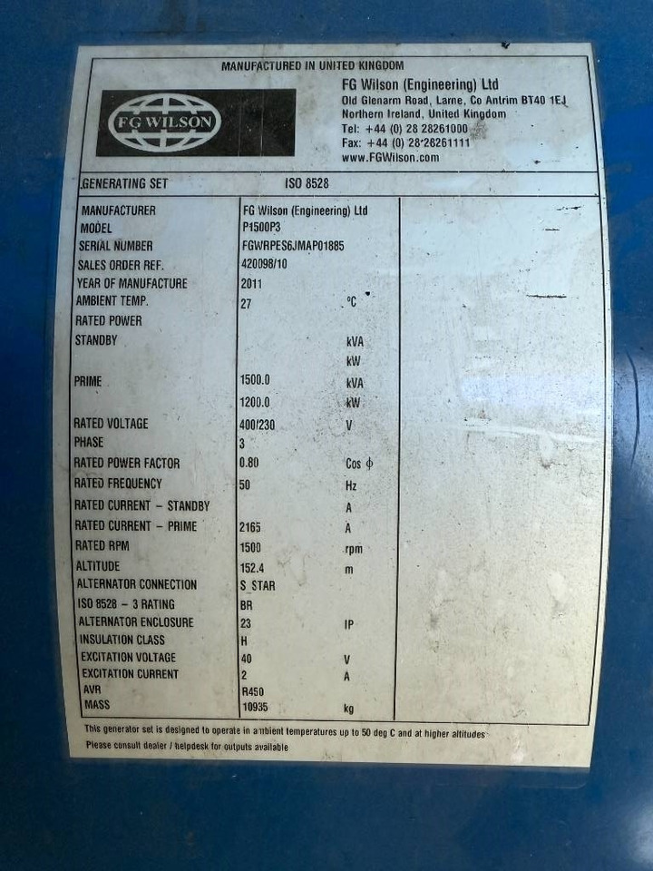 FG Wilson P1500P3 - 1.650 kVA Generator - DPX-12628 - Generador industriale: foto 5 FG Wilson P1500P3 - 1.650 kVA Generator - DPX-12628 - Generador industriale: foto 5