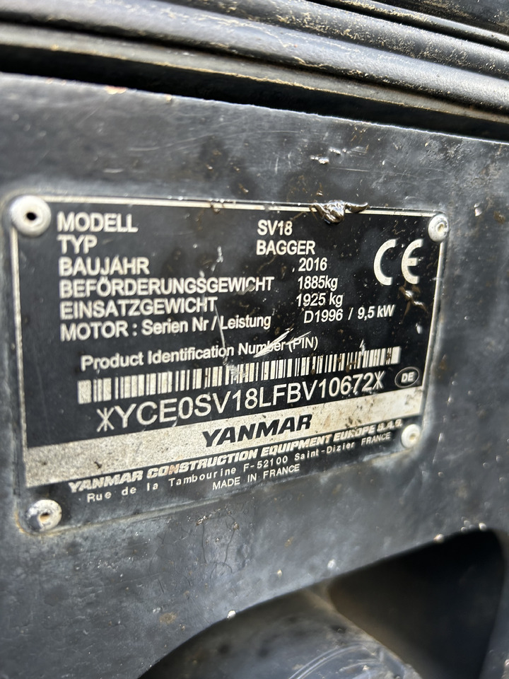 Leasing de Minigraafmachine Yanmar SV18 bagger 2016 2108H SV18 1.8t Minigraafmachine Yanmar SV18 bagger 2016 2108H SV18 1.8t: foto 9