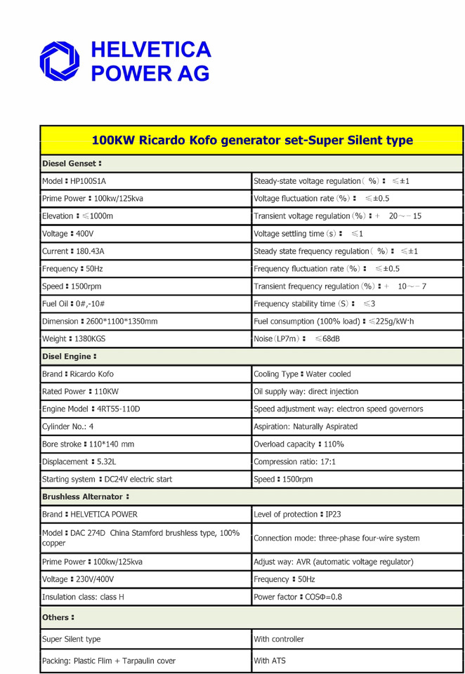 HELVETICA POWER HP100S1A 100KVA / 125 KW Diesel Stromgenerator - Generador industriale: foto 4 HELVETICA POWER HP100S1A 100KVA / 125 KW Diesel Stromgenerator - Generador industriale: foto 4