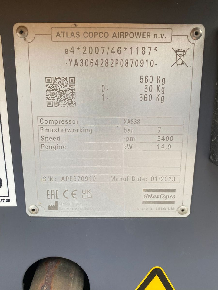 Compresor de aire Atlas Copco XAS38, Baujahr 2023 Kompressor 7 Bar: foto 10 Compresor de aire Atlas Copco XAS38, Baujahr 2023 Kompressor 7 Bar: foto 10