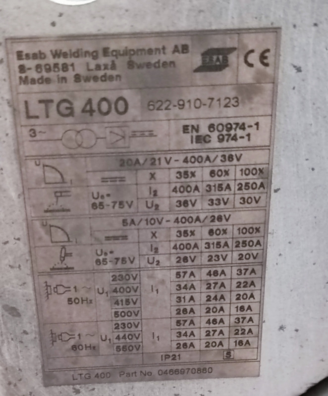 ESAB Power Tig 400 DC LTG 400 - Equipo de soldadura: foto 2 ESAB Power Tig 400 DC LTG 400 - Equipo de soldadura: foto 2