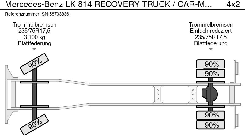 Camión portavehículos Mercedes-Benz LK 814 RECOVERY TRUCK / CAR-MACHINE TRANSPORTER (6-CILINDER / MANUAL GEARBOX / FULL STEEL SUSPENSION / WINCH / HYDRAULIC RAMPS): foto 16