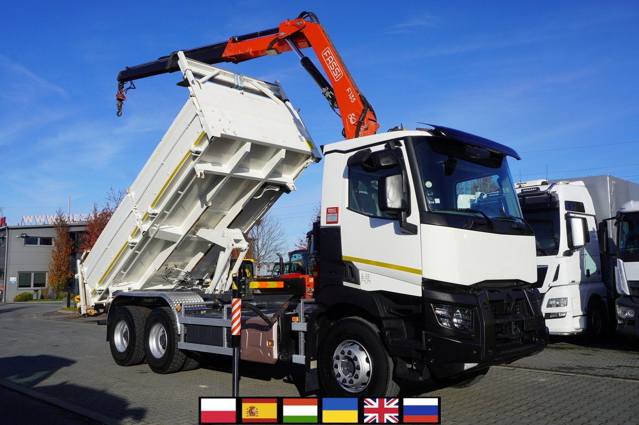RENAULT C380 E6 6×4 / HDS Fassi F135 2700 MTH / Range 8 m / 5.6 t lifting capacity / 3-side tipper / Bortmatic - Camión volquete, Camión grúa: foto 1 RENAULT C380 E6 6×4 / HDS Fassi F135 2700 MTH / Range 8 m / 5.6 t lifting capacity / 3-side tipper / Bortmatic - Camión volquete, Camión grúa: foto 1