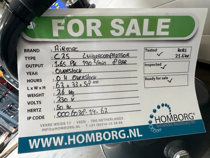 Compresor de aire nuevo Airmec C25 Oliegesmeerde Zuigercompressor 1.65 PK 190 L / min 8 Bar Overstock: foto 9