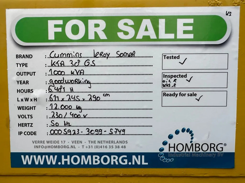 Generador industriale Cummins KTA 38 G5 Leroy Somer 1000 kVA Silent generatorset in container: foto 16 Generador industriale Cummins KTA 38 G5 Leroy Somer 1000 kVA Silent generatorset in container: foto 16