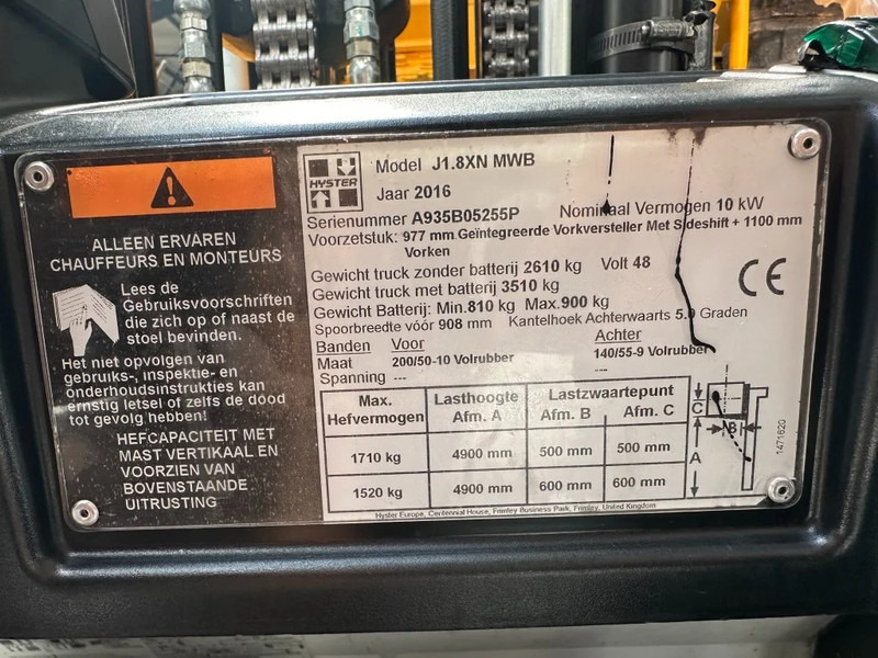 Hyster J1.8XN MWB 1.8 ton Triplex Freelift Sideshift Positioner Elektra Heftruck Accu 2023 - Carretilla elevadora: foto 4 Hyster J1.8XN MWB 1.8 ton Triplex Freelift Sideshift Positioner Elektra Heftruck Accu 2023 - Carretilla elevadora: foto 4